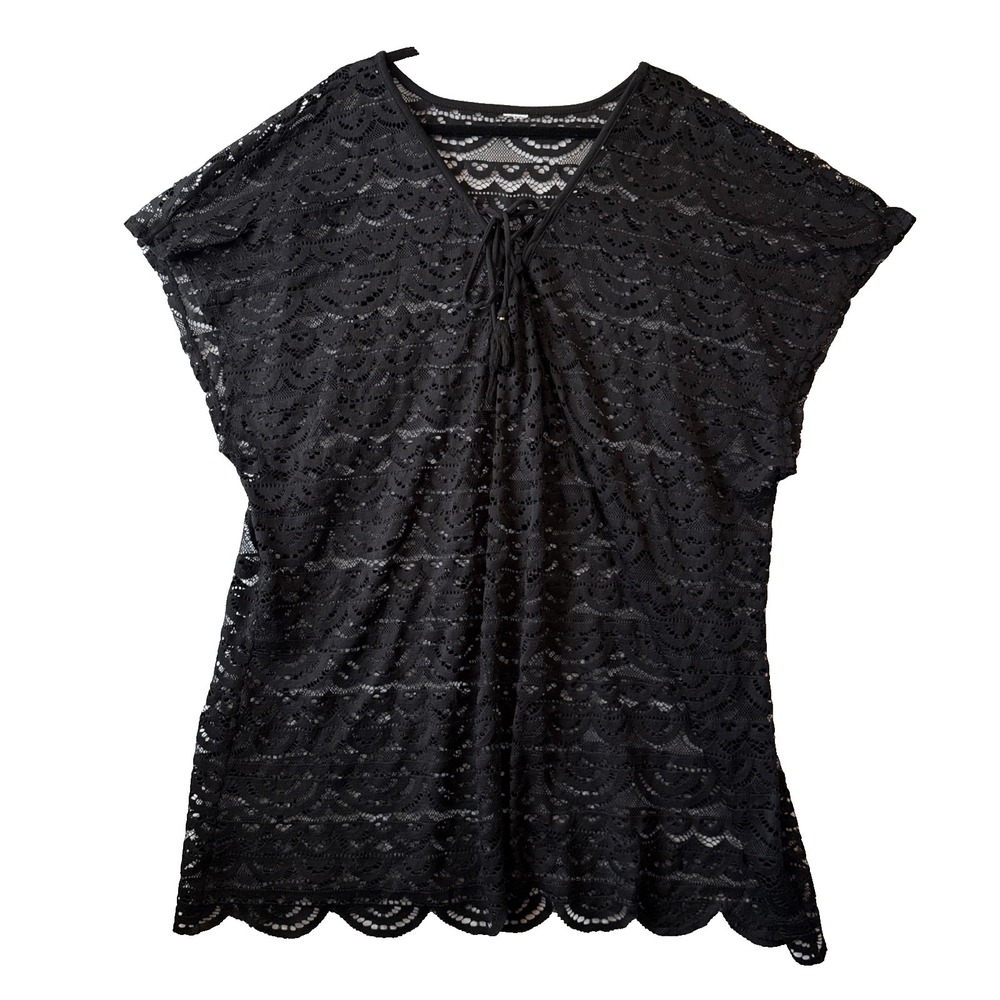 Black Lace Swimsuit Cover Up Dress Tunic V Neck‎ Tassel Crochet Boho Beach 3X